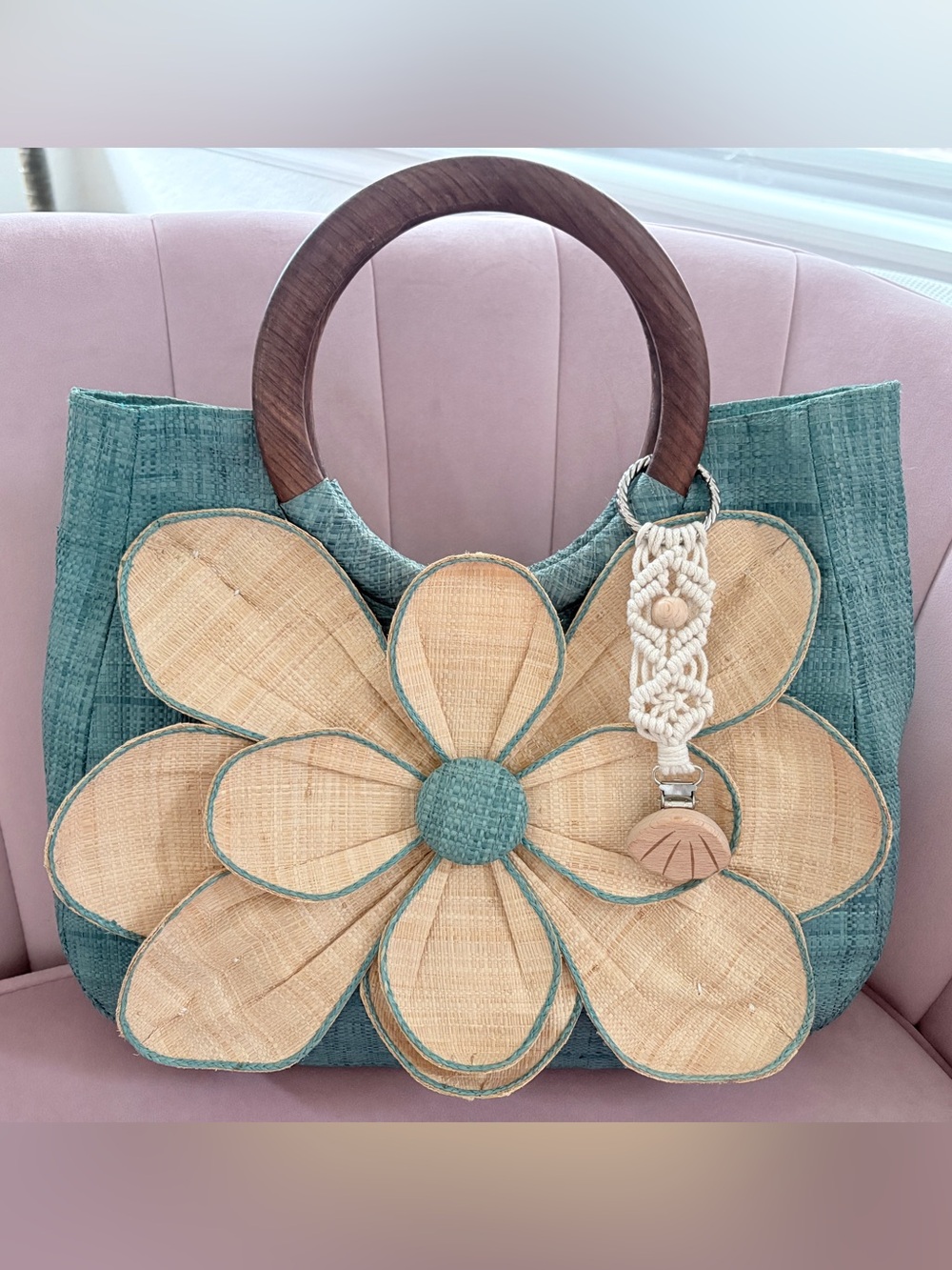 Mar Y Sol Handwoven Teal Flower Tote Bag with Wooden Handles